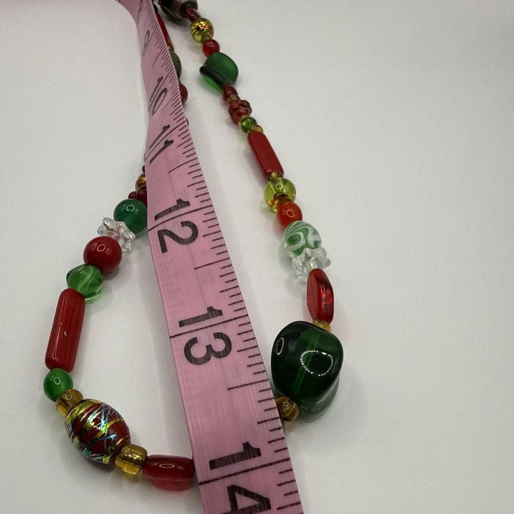 Vintage Necklace‎ Art Glass Red Green Beads Round & Figural Abstract Beaded 14in - Picture 4 of 16